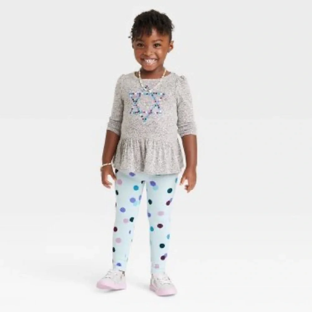 Hanukkah Girls Star of David Long Sleeve Top & Dot Leggings Cat & Jack Grey nwt